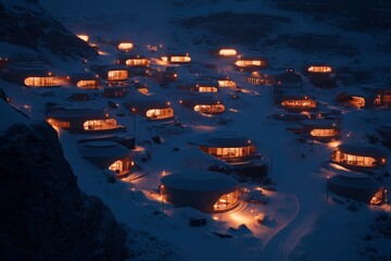 Wall Mural - Mountain Ski Resort Cozy lit cabins on snowy slopes at dusk. Travel usage