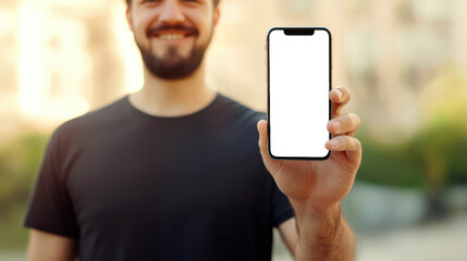 Wall Mural - A bearded guy in a black T-shirt holds a white-screen phone in his hand. The concept of the mobile application presentation. A mockup of a modern and stylish phone