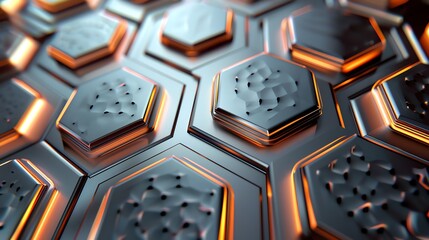 Poster - A field of metallic hexagons with an orange glow.
