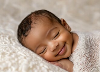 A close-up of the face and mouth profile view of an adorable newborn baby sleeping on a white blanket. The little boy is smiling