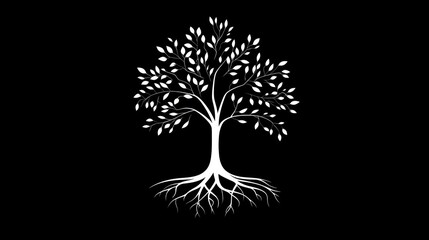 White tree roots, leaves, dark background, nature concept, graphic design