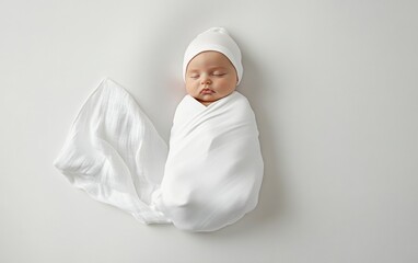 Wall Mural - Close-up of hands holding a newborn baby wrapped in a white blanket. An Asian mother is cradling her newborn, 