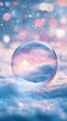 Poster - Glass sphere on snow with dreamy light reflections, magical winter scene. tranquility and serenity concept