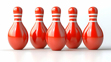 Red bowling pins, game setup, white background, sport