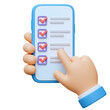 © IllustrationAlchemy - Hand holding smartphone with checklist 3d cartoon style illustration on transparent background.