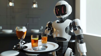 Poster - A robot waiter serving drinks in a restaurant.