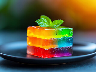 Colorful layered jelly cake on black plate, garnished with mint leaves, showcasing vibrant rainbow colors. delightful treat perfect for celebrations