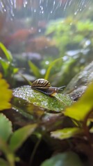 Poster - Snail on a leaf with blurred background, macro nature photography concept
