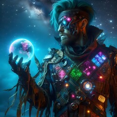 Wall Mural - a futuristic space pirate, wearing a patchwork outfit made from glowing, celestial materials that ch