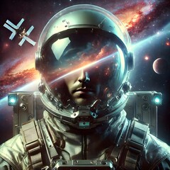 Wall Mural - a space explorer wearing a sleek, transparent helmet, with a reflective visor that mirrors the nebul