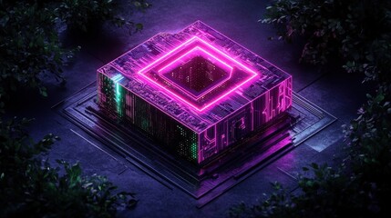 Poster - Computer with neon lights on top and futuristic cyberpunk city skyline in the background at night