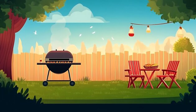 Barbecue party in the backyard with fence illustration