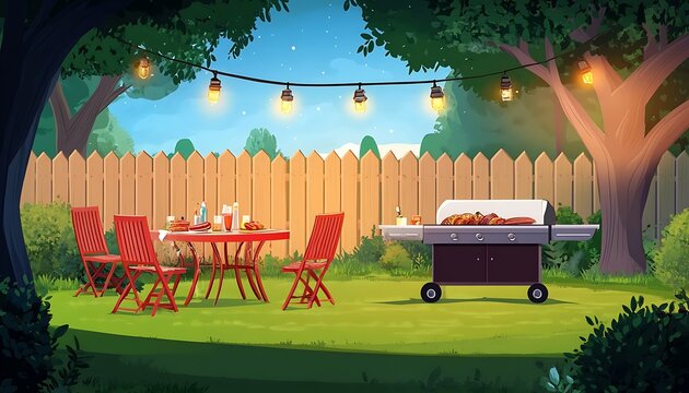 Barbecue party in the backyard with fence illustration