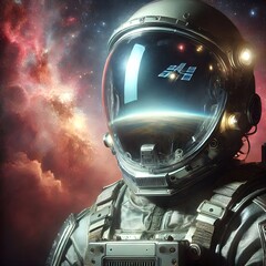 Wall Mural - a space explorer wearing a sleek, transparent helmet, with a reflective visor that mirrors the nebul
