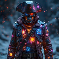 Wall Mural - a futuristic space pirate, wearing a patchwork outfit made from glowing, celestial materials that ch