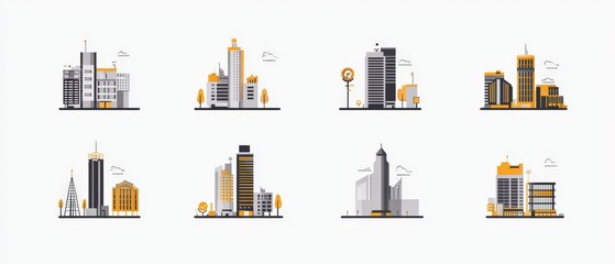 Poster - set of flat vector illustrations of various modern buildings in urban landscape featuring simple des