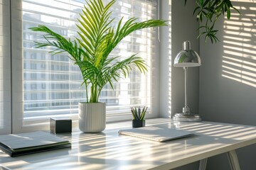 Wall Mural - Sunlit Workspace Serenity: Palm Plant, Minimalist Desk, and Morning Light