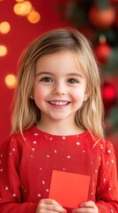 Wall Mural - Cheerful young girl holding a red card against a festive background with Christmas decorations and warm lights