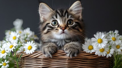 Wall Mural - Persian cat sitting in a basket, isolated on  flowers background