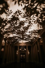 Wall Mural - Interior with leaf shadows, chandelier, pillars and closed doors for architecture use