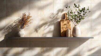 Poster - Contemporary Empty Kitchen Shelf with Brushed Stone Wall and Minimalist Decorative Vases and Plants