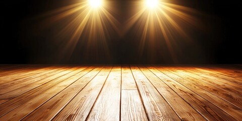 Aufkleber - Bright Stage Lights on Dark Background Illuminating Wooden Floor with Striking Rays in a Theatrical Setting for Performances and Presentations