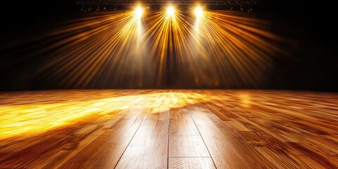 Aufkleber - Dramatic Stage Lighting Shining Down on Empty Wooden Floor in Theatre Setting for Performance and Event Showcase with Warm Glow Effects