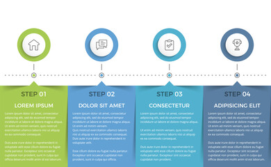 Sticker - Row of four rectangular elements for your text and circles for your icons, four steps of a process or workflow, infographic template, vector eps10 illustration