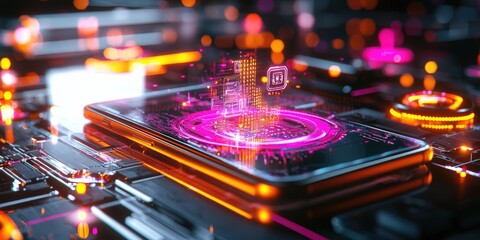 Aufkleber - Futuristic Smartphone with Glowing Circuitry and Digital Interface Amidst Technology Background for Modern Innovations in Tech Industry