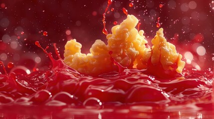 Poster - A splash of yellow food item in red liquid, creating an artistic visual effect.