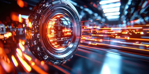 Poster - Futuristic Technology Concept with Glowing Orb and Light Trails Representing Data Transfer in a High-Tech Environment