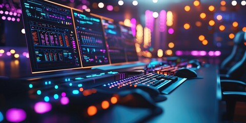 Poster - Modern Computer Setup with Multi-Screen Displays and Colorful LED Lighting in a High-Tech Environment for Gaming and Technology Enthusiasts