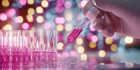 Leinwandbilder - Close-up of a laboratory hand holding a pipette dropping pink liquid into glass test tubes with colorful bokeh background creating a scientific atmosphere