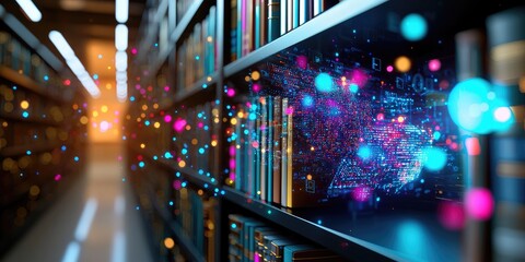 Aufkleber - Modern Library with Bookshelves and Abstract Digital Elements Illustrating the Intersection of Knowledge and Technology in a Contemporary Setting