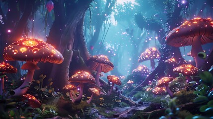 Poster - Glowing mushrooms in a fantasy forest at night.