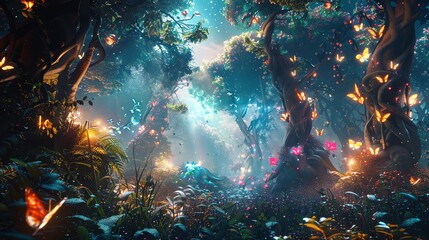 Poster - A magical forest at night with glowing lights.