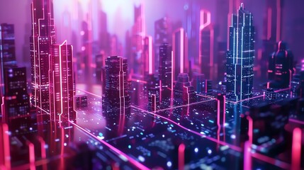 Wall Mural - A neon cityscape with pink and blue lights.