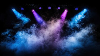 Poster - Dramatic Stage Lighting Setup with Blue and Violet Lights Illuminating a Smoke-Filled Background