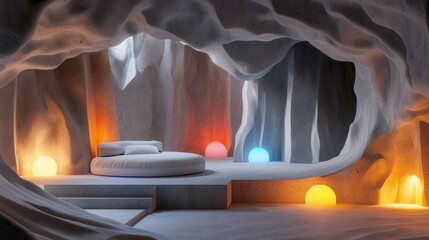 Poster - Innovative Interior Design Concept Featuring Textured Cave-Like Space with Soft Lighting and Cozy Seating Area