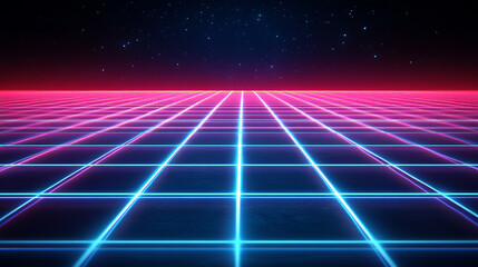 Wall Mural - Futuristic retro 80s video game background with glowing blue grid streaking through cosmic space Symbolizes nostalgia innovation digital evolution and limitless possibilities Blank space for text

