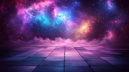 Wall Mural - Futuristic retro 80s video game background with glowing blue grid streaking through cosmic space Symbolizes nostalgia innovation digital evolution and limitless possibilities Blank space for text

