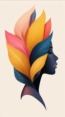 Poster - Artistic expression of beauty woman's profile with colorful leaf hair digital illustration abstract