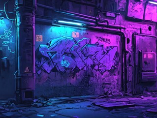 Wall Mural - Cyberpunk alleyway graffiti neon night