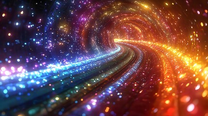 Wall Mural - Colorful swirling light tunnel, abstract background, digital art, for sci-fi visuals.