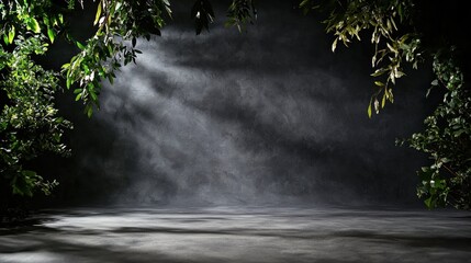 Poster - Empty Gray Cement Interior with Soft Shadows and Leaves for Artistic or Commercial Use