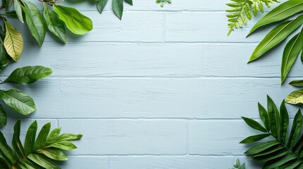 Poster - Delicate Pastel Blue Brick Wall Surrounded by Lush Green Leaves for Serene and Calm Atmosphere