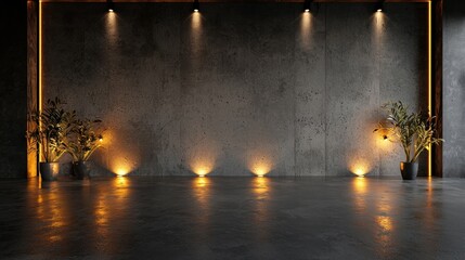 Poster - Polished Cement Floor and Textured Gray Concrete Wall with Stylish Lighting and Indoor Plants in Modern Setting