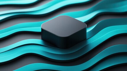 Abstract composition with a black square shape on flowing turquoise wavy patterns on a dark background