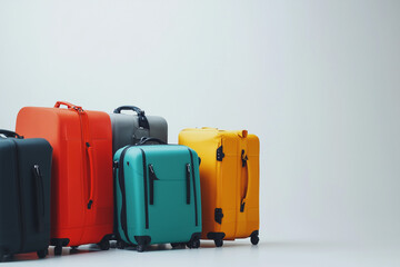 Collection of colorful suitcases arranged in a bustling modern airport terminal, capturing the anticipation and excitement of global travel adventures