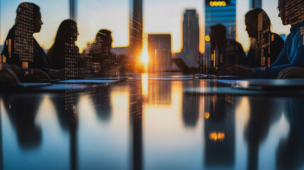 Poster - Silhouettes of a group of people in a conference room against a sunset city skyline.